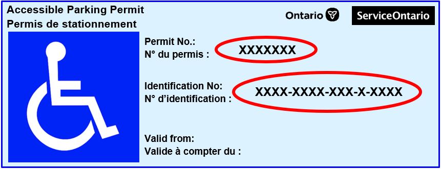 Ontario Accessible Parking Permit Image. The permit number is located on the front of the Accessible Parking Permit and is 7 numbers.