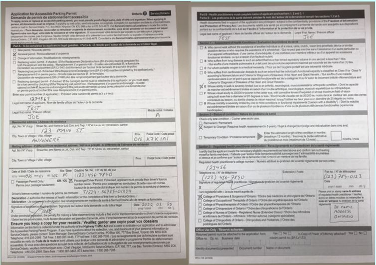 Front and back of a completed paper Accessible Parking Permit application form.
